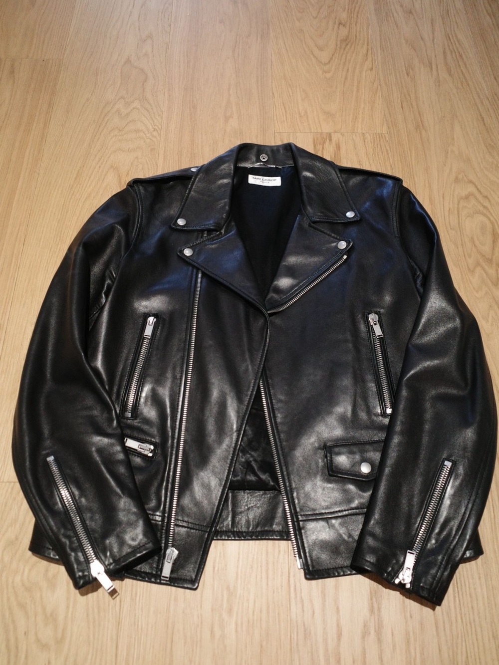 Saint Laurent YSL Black Leather L01 Biker Moto Jacket Size 52 Lambskin Mint